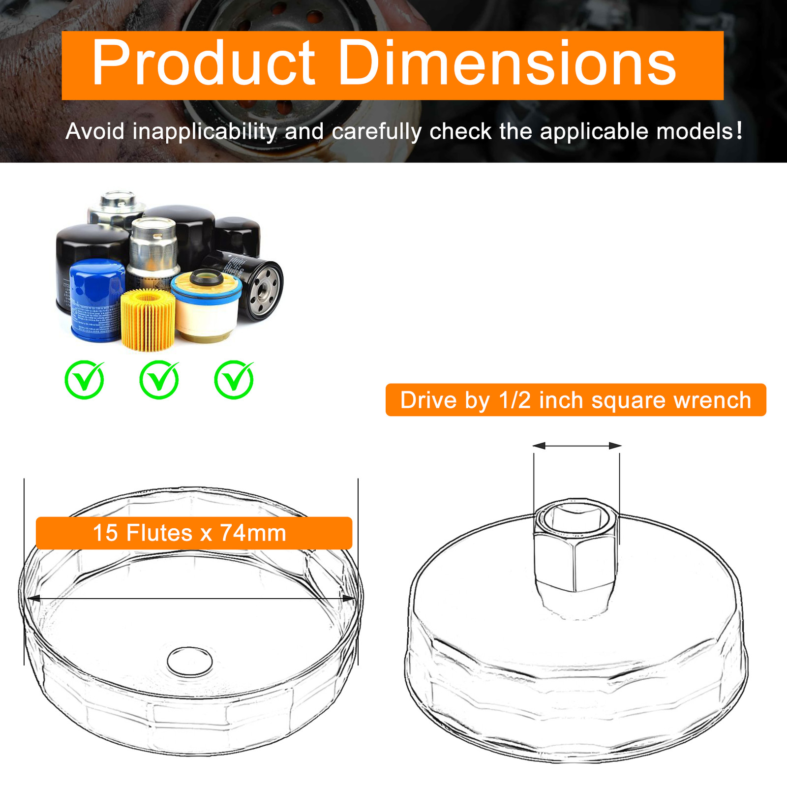 Oil Filter Cap Wrench Cup Socket Remover Tool 74MM 15 Flute for GM Chrysle Chevy