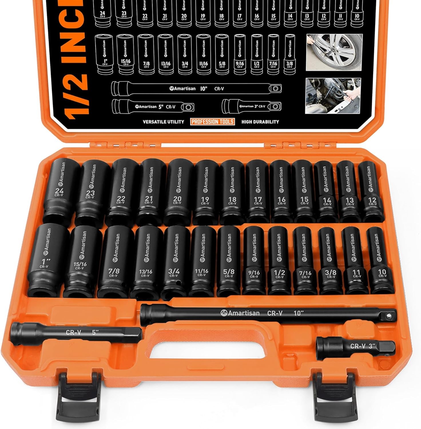 Amartisan 29-Piece 1/2″ Drive Impact Socket Set, 6 Point, One Size, Black