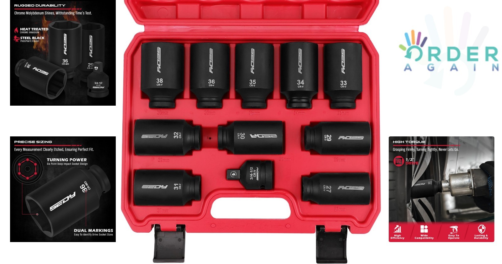 Impact Socket Set Chrome Molybdenum Steel 11-Piece Large Metric High Torque