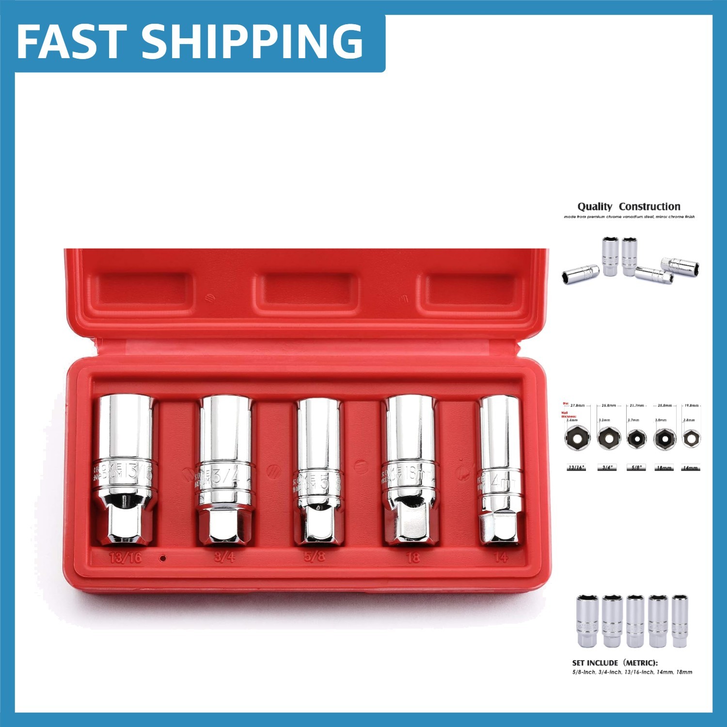 Complete 3/8-Inch Drive 5-Piece Spark Plug Socket Set with Anti-Round Technology