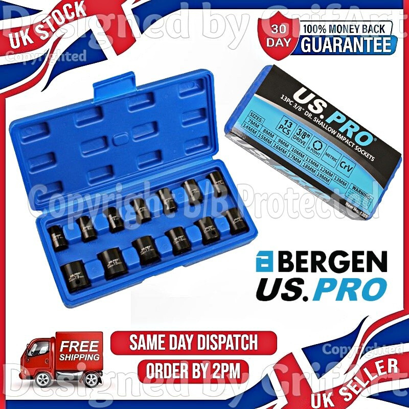 13PC 3/8″ INCH SQUARE DRIVE 6 POINT SHALLOW IMPACT SOCKET TOOL SET 7MM-19MM CASE