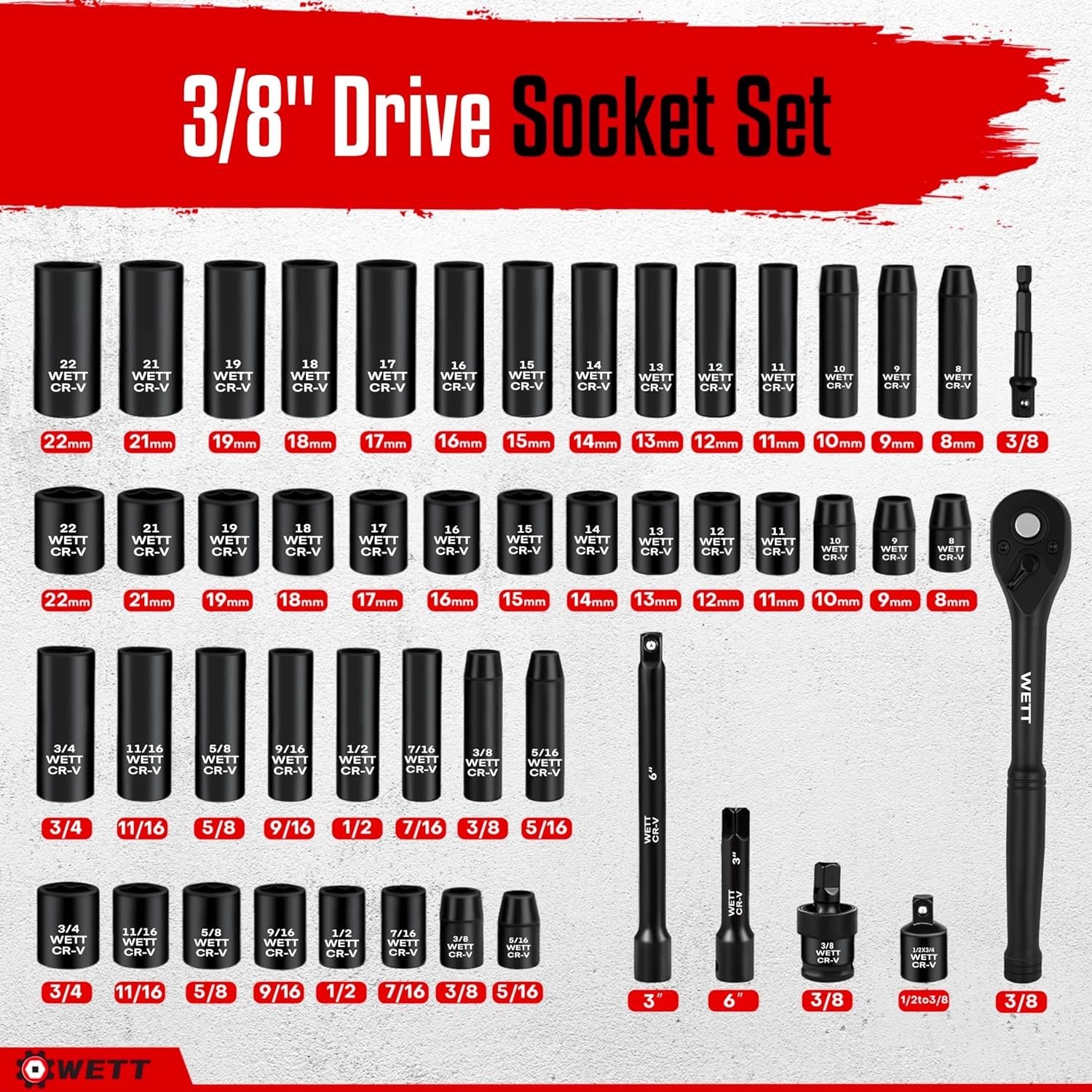 WETT 3/8″ Drive Impact Socket Set, 3/8 Set (50pcs), Black