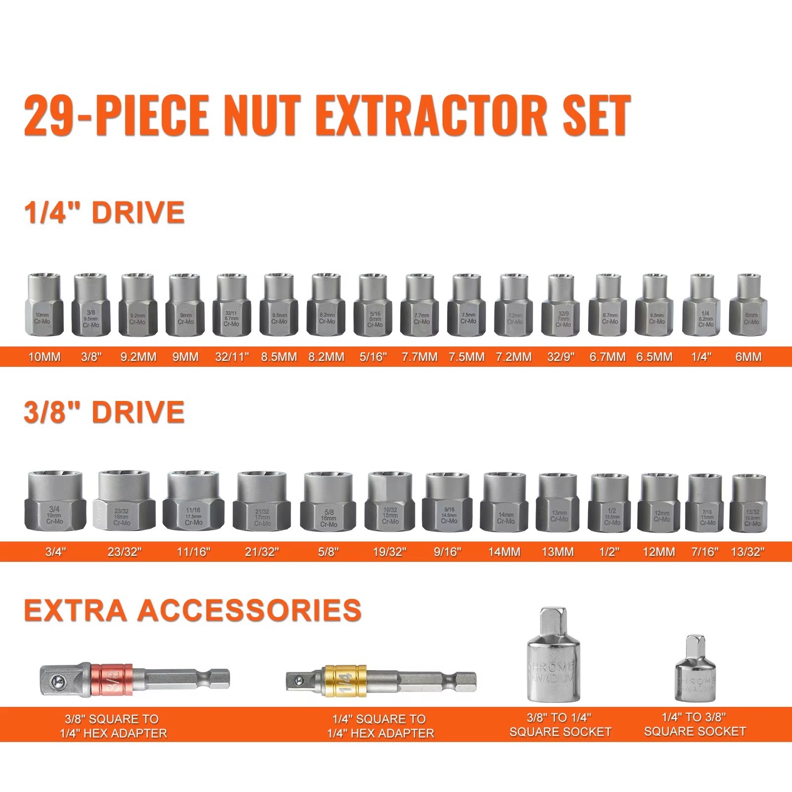 Bolt Extractor Set 29 Pieces Nut Remover 6mm to 10mm 13/32
