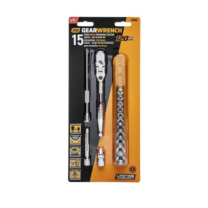 Gearwrench 1/4″ Metric 120XP Locking Flex Head Ratchet & Stubby Socket Set 81390