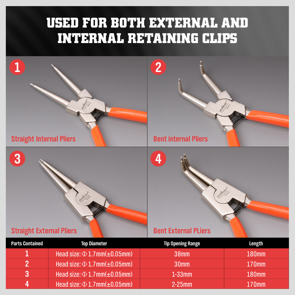 4pc 7″ Circlip Plier Snap Ring Pliers Portable Internal External Retaining Clip