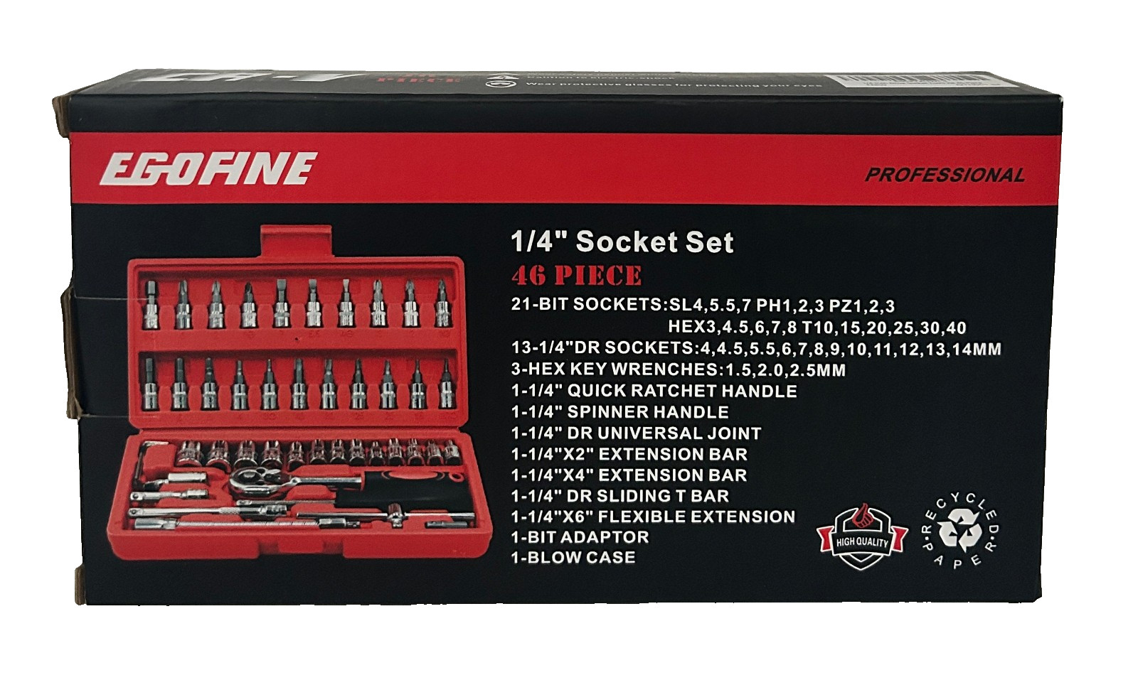 Egofine 46 Piece Socket Set, Hardly Used, In Red Plastic Carrying Case, Preowned