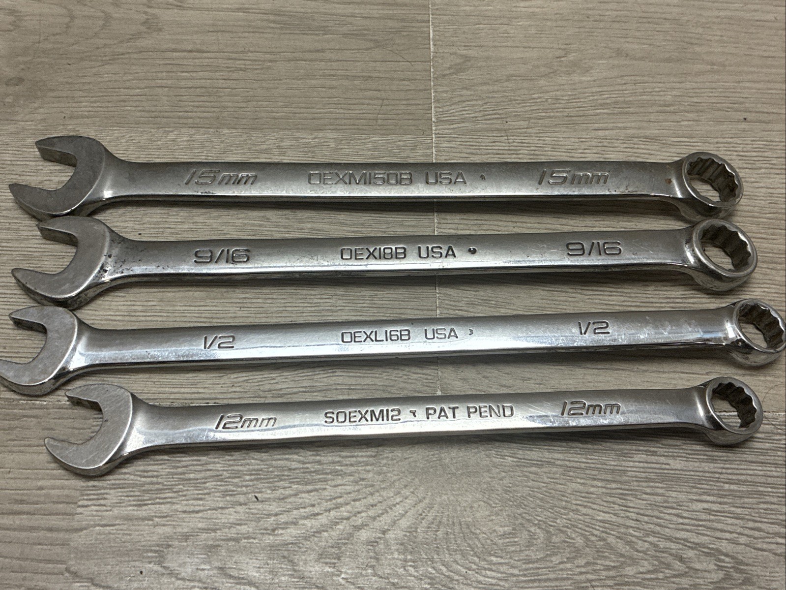 (4) Snap-On Wrenches DEXM150B, DEX18B, DEXL16B, SOEXM12 15mm,9/16,1/2,12mm