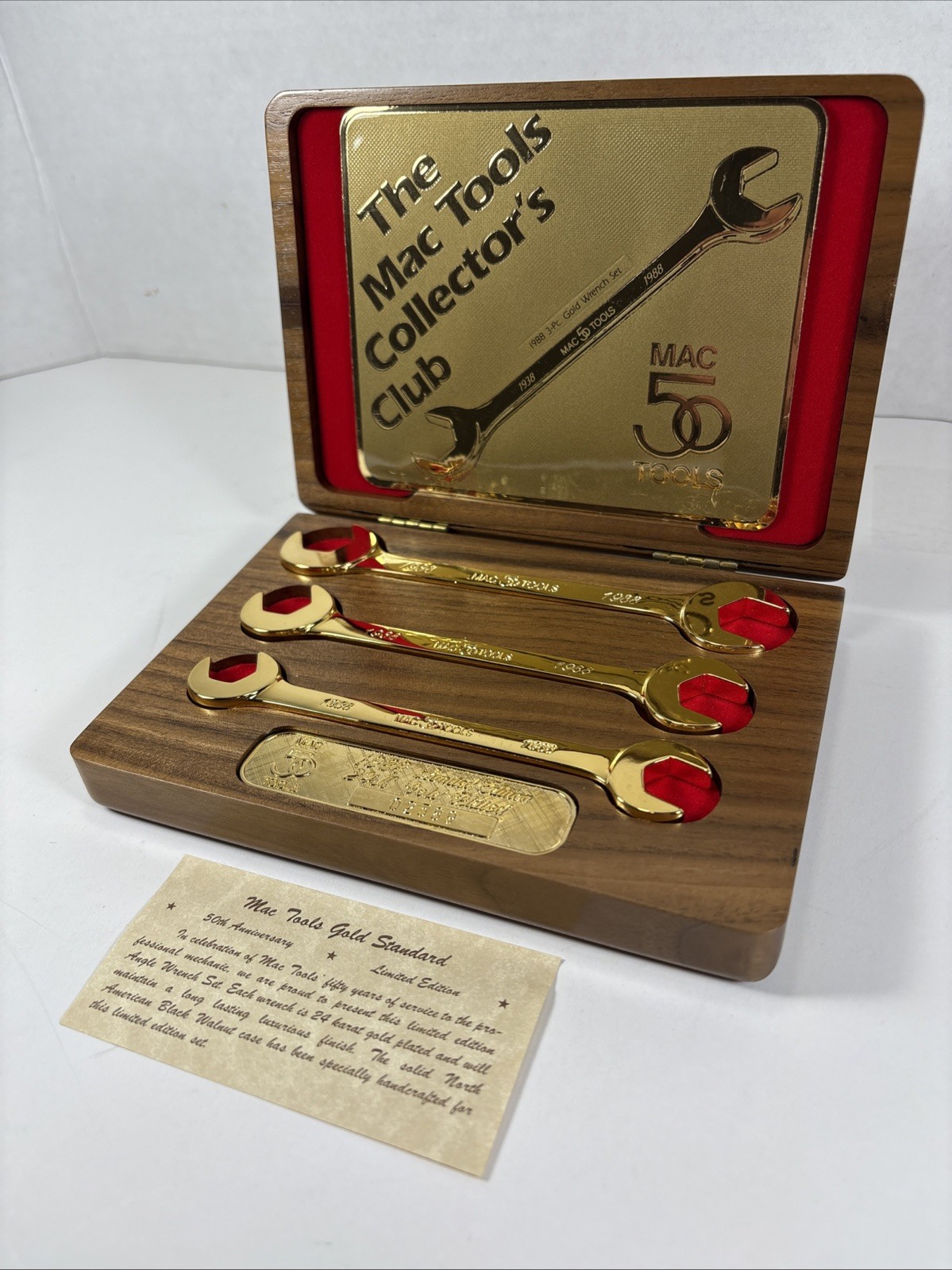 24kt Gold 1988 50 year Anniversary Mac Tools Collector’s Club 3 Piece Wrench Set