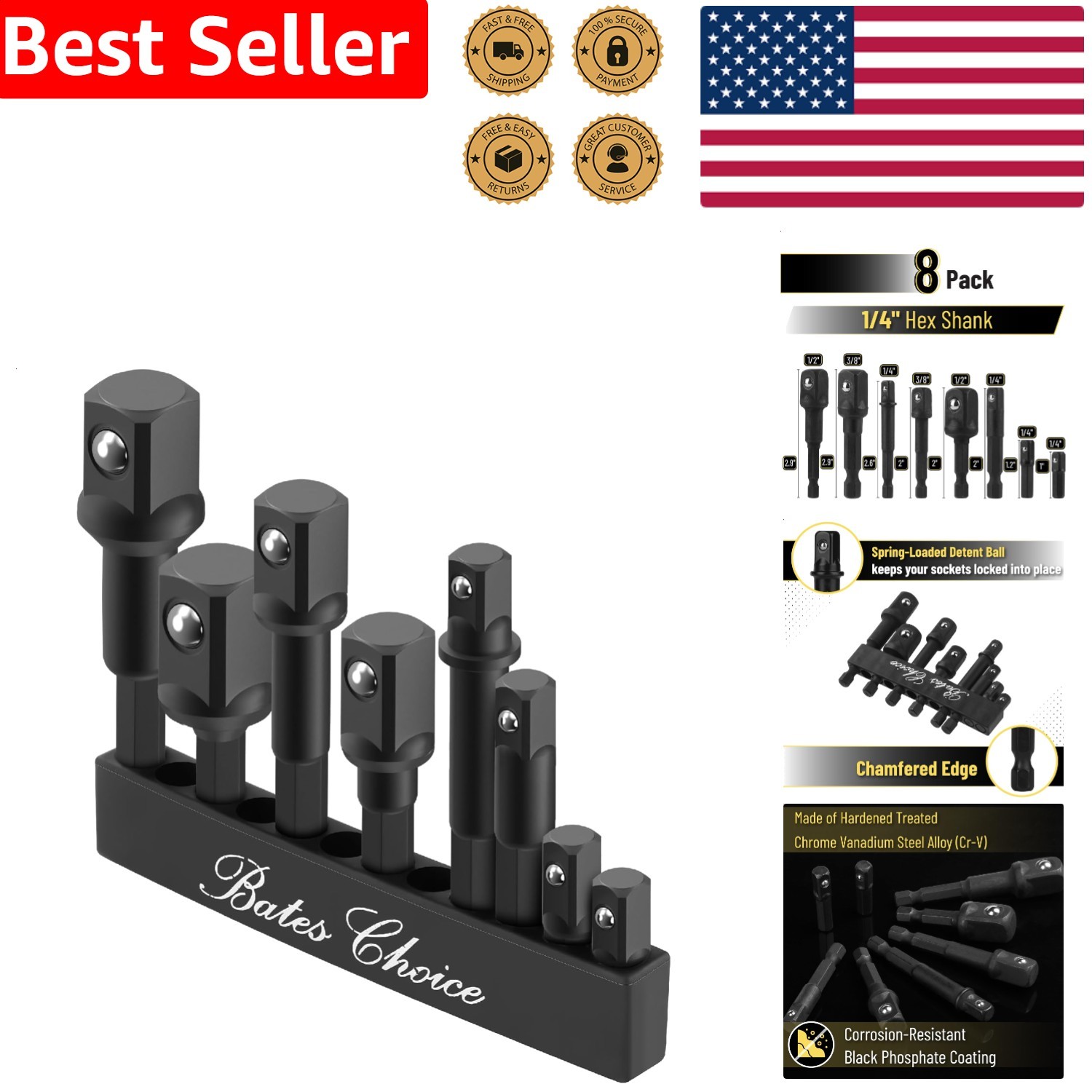 Bates 8pc Impact Socket Adapter Set Hex Shank Chrome Vanadium Steel Drill Driver