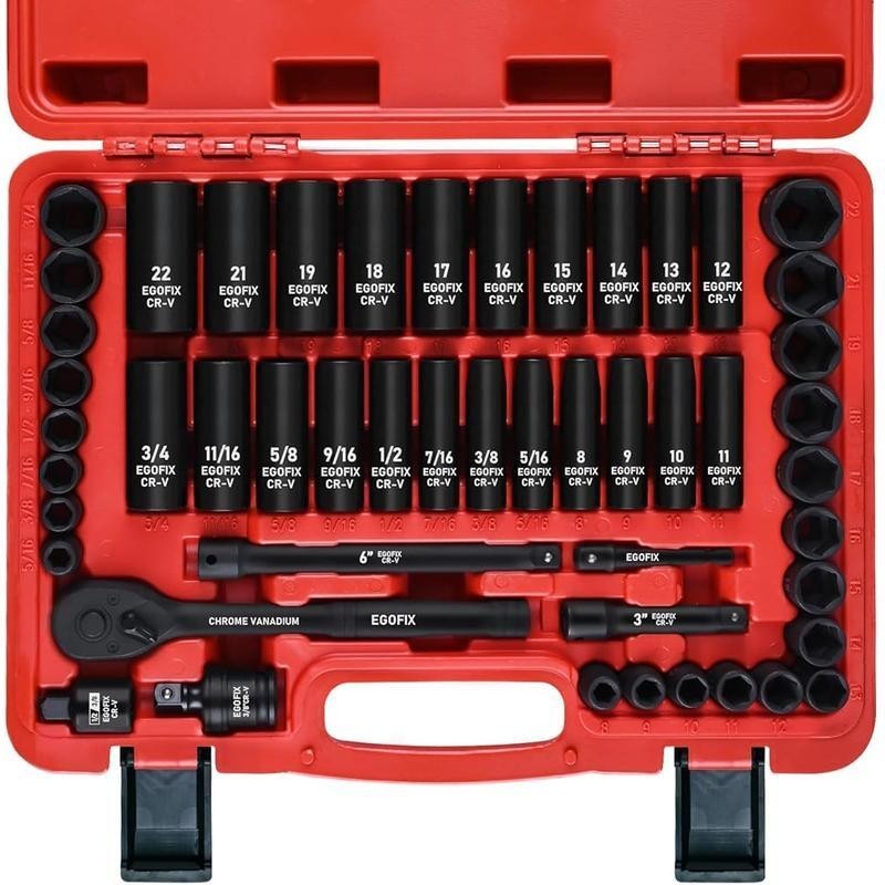 3/8″ Drive Impact Socket Set 50PCS SAE/Metric 6 Point Adjustable Ratchet Handle