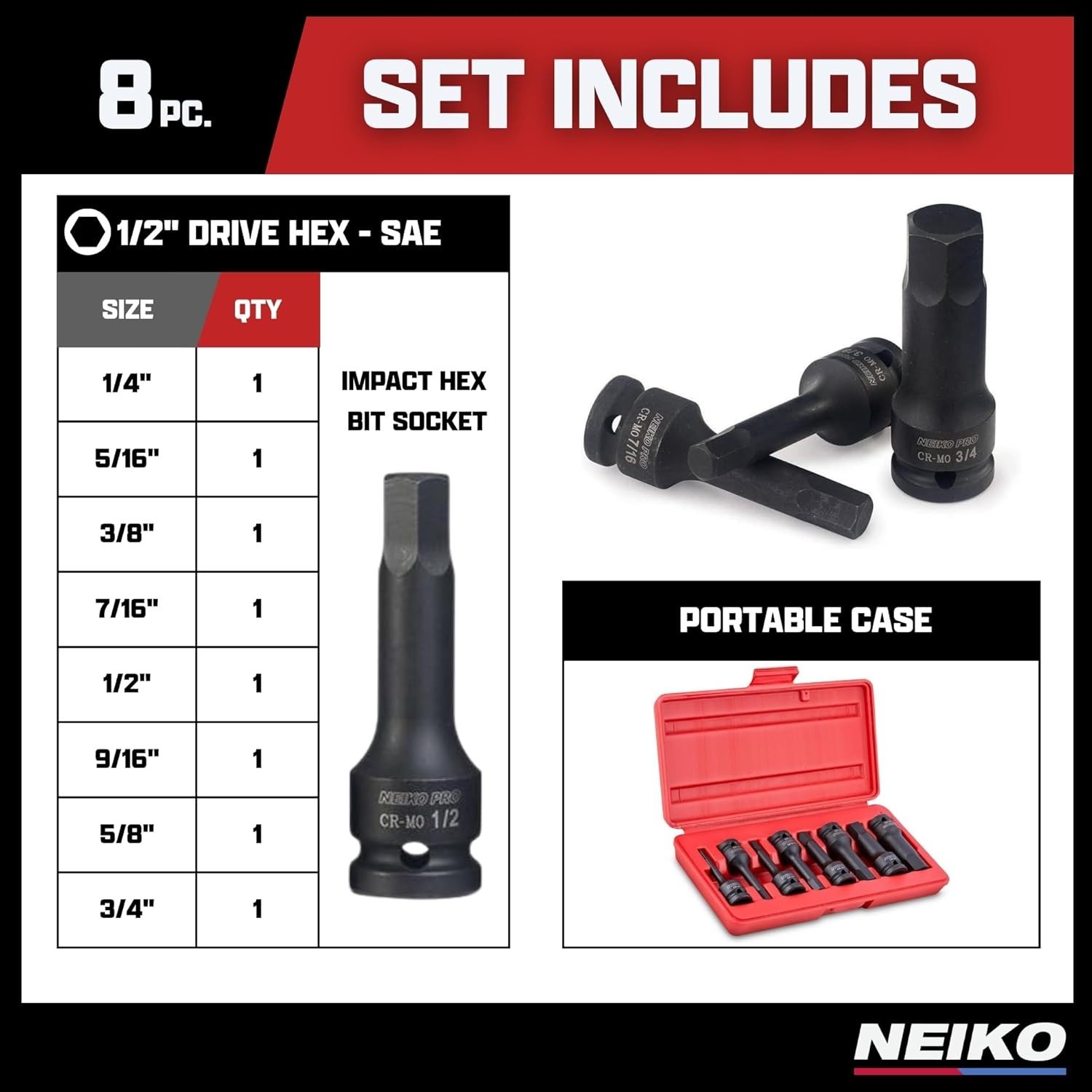 8-PCS 1/2-In Drive Allen Socket Set 3-In 1/2-In Impact Hex-Bit Socket Set SAE