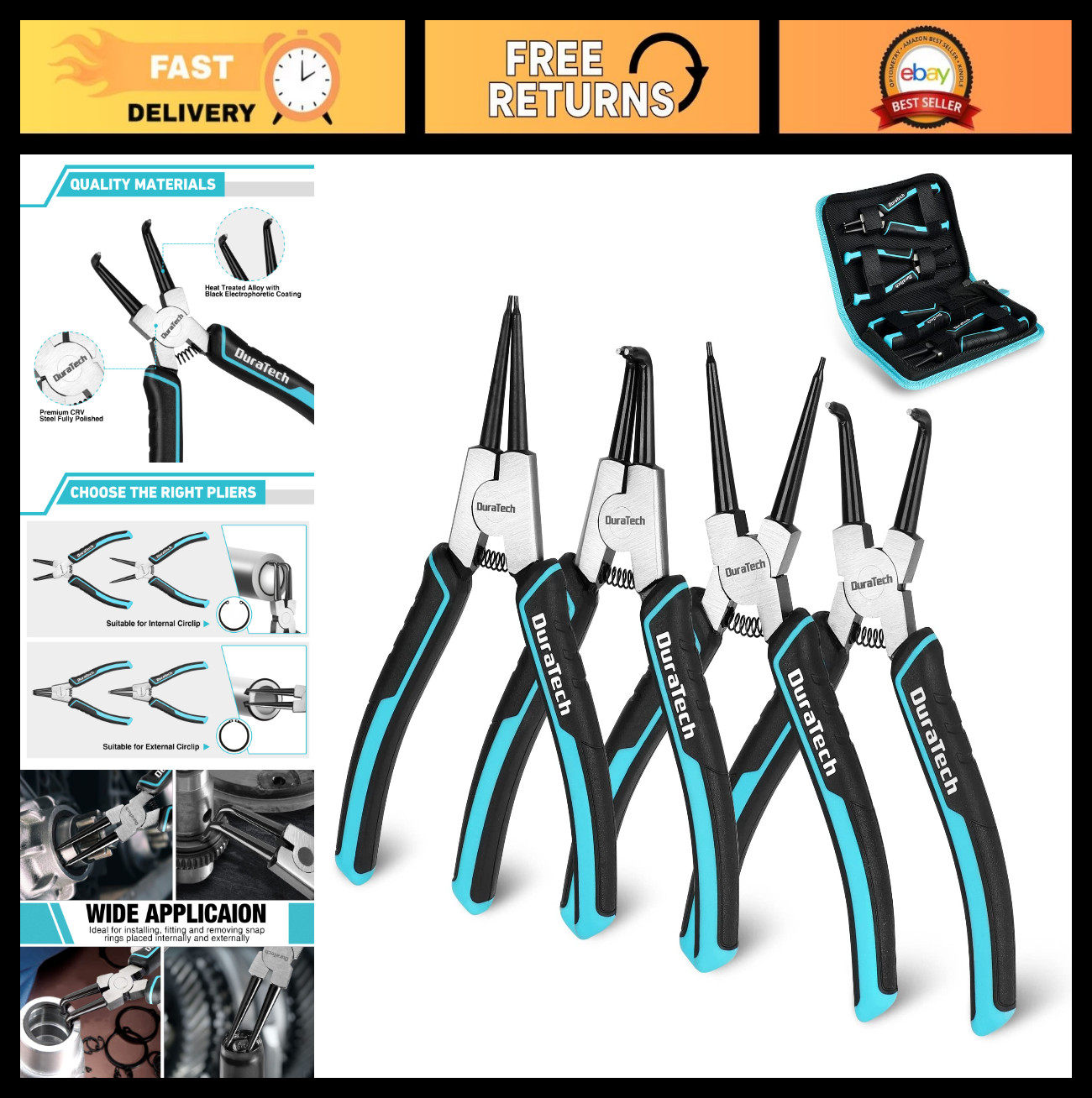 4 PCS Snap Ring Pliers Set – 7″ Heavy Duty Internal & External Circlip Kit, CRV
