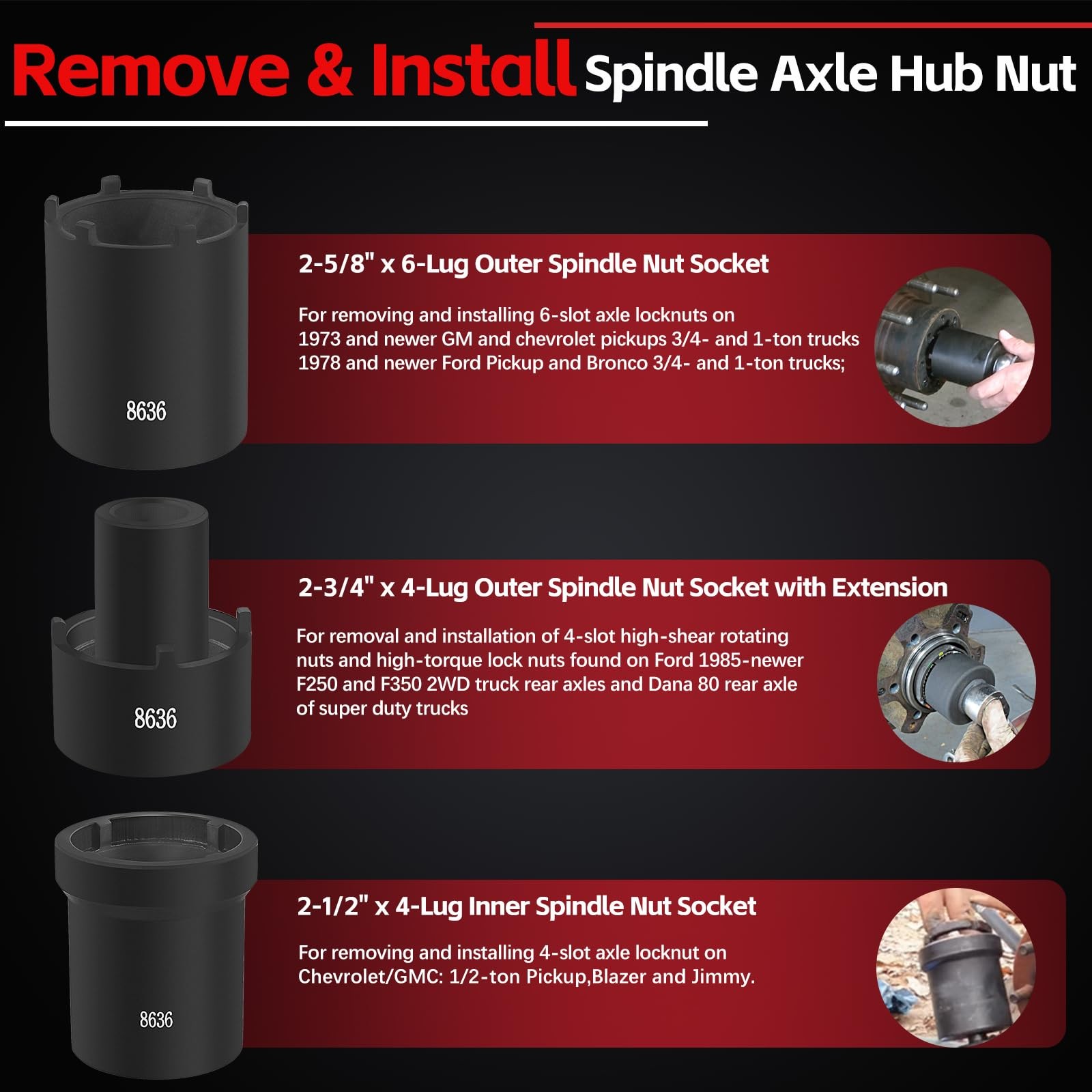 Sunluway Spindle Nut Socket Tool Kit 5 Pcs Axle Hub Lock Nut Socket Set 1/2” …