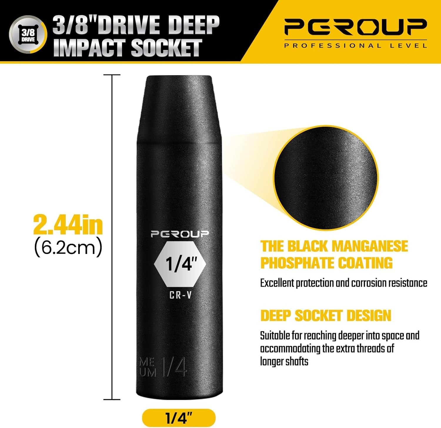 SAE 1/4» Deep Impact Socket – Chrome Vanadium, Black Manganese Coating
