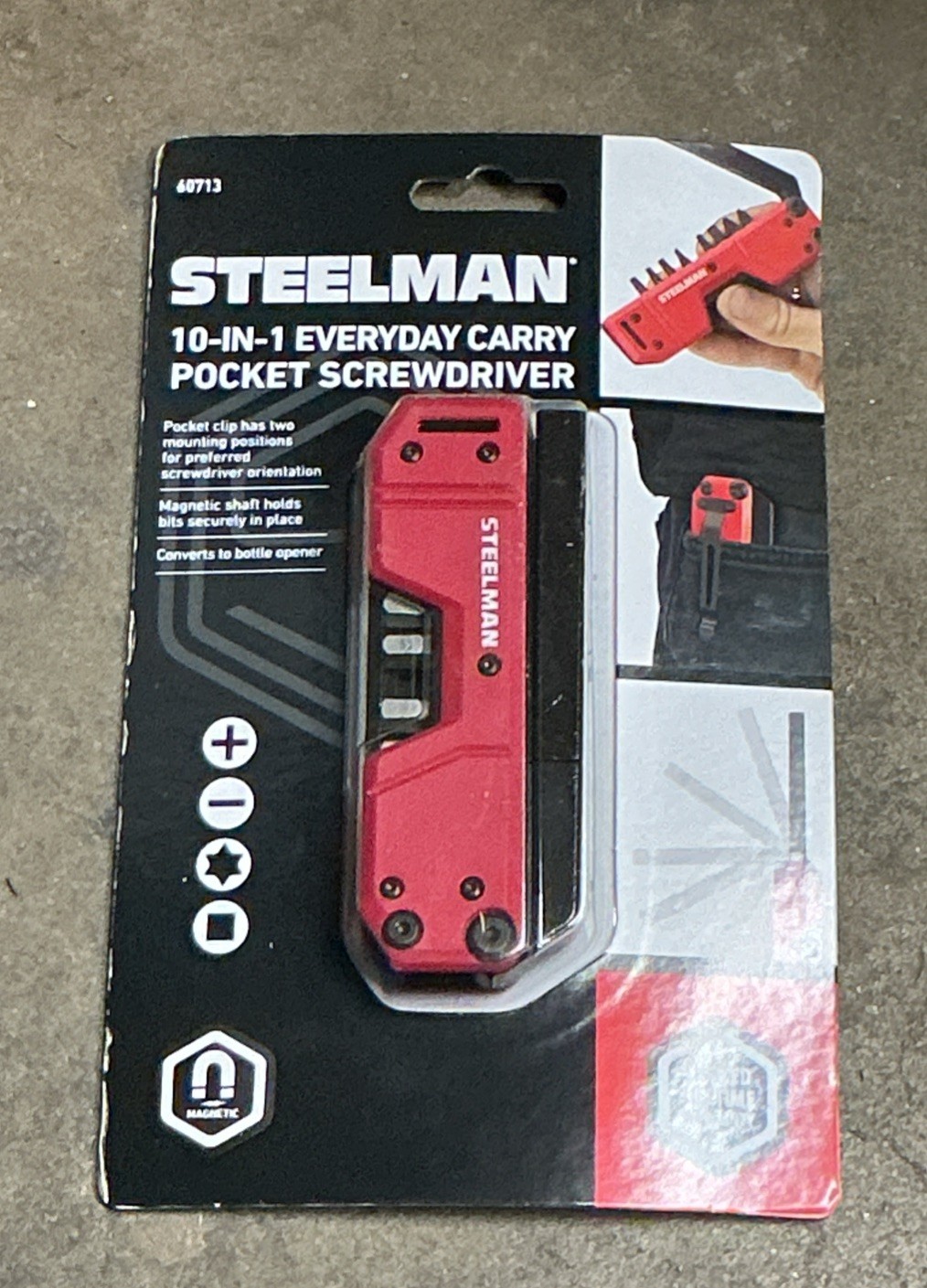 Steelman Folding Pocket Magnetic EDC Screwdriver with 8pc Bit Set, Red 60713
