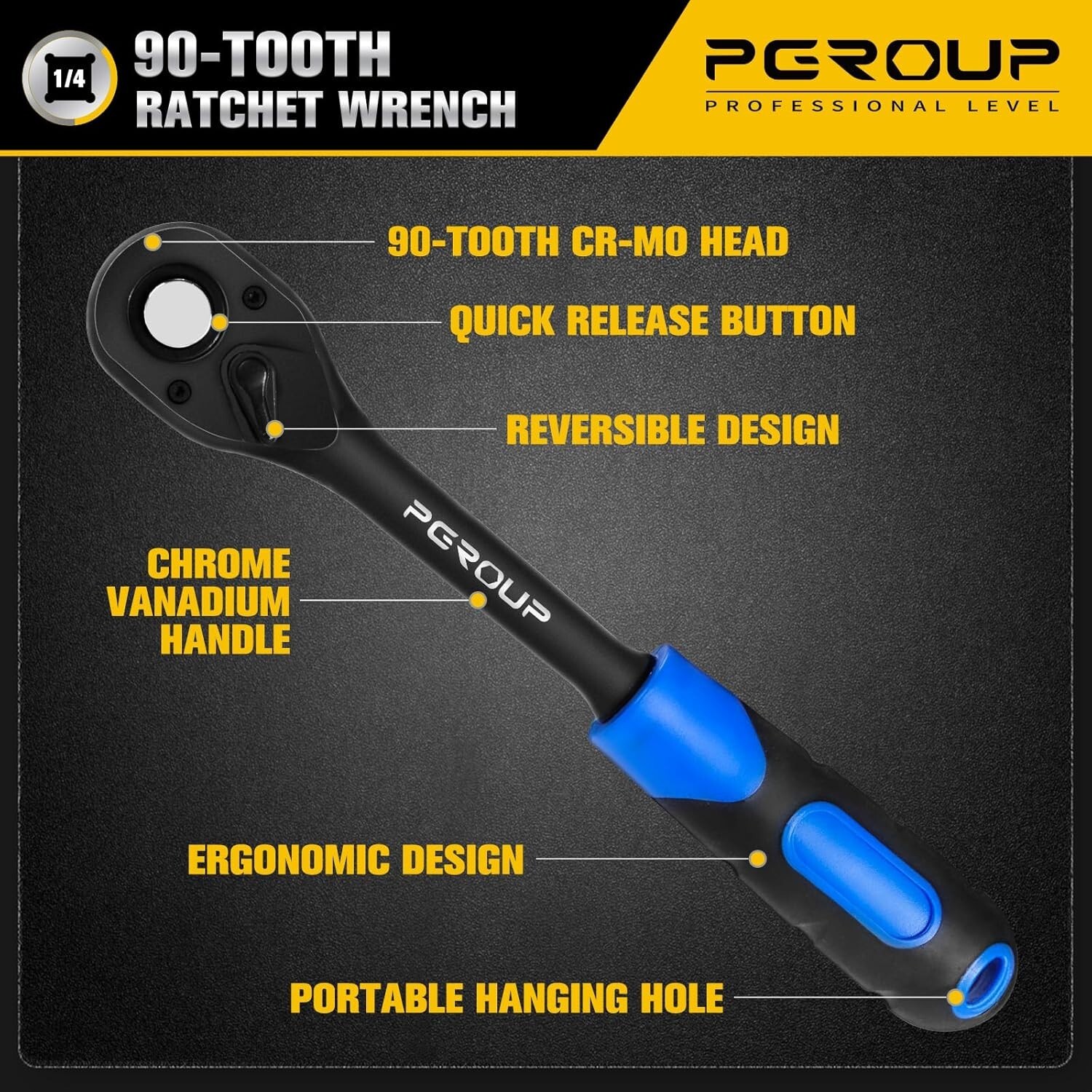1/4″ Drive 90 Tooth 4-Degree Swing Reversible Ratchet with Ergonomic Rubber Hand