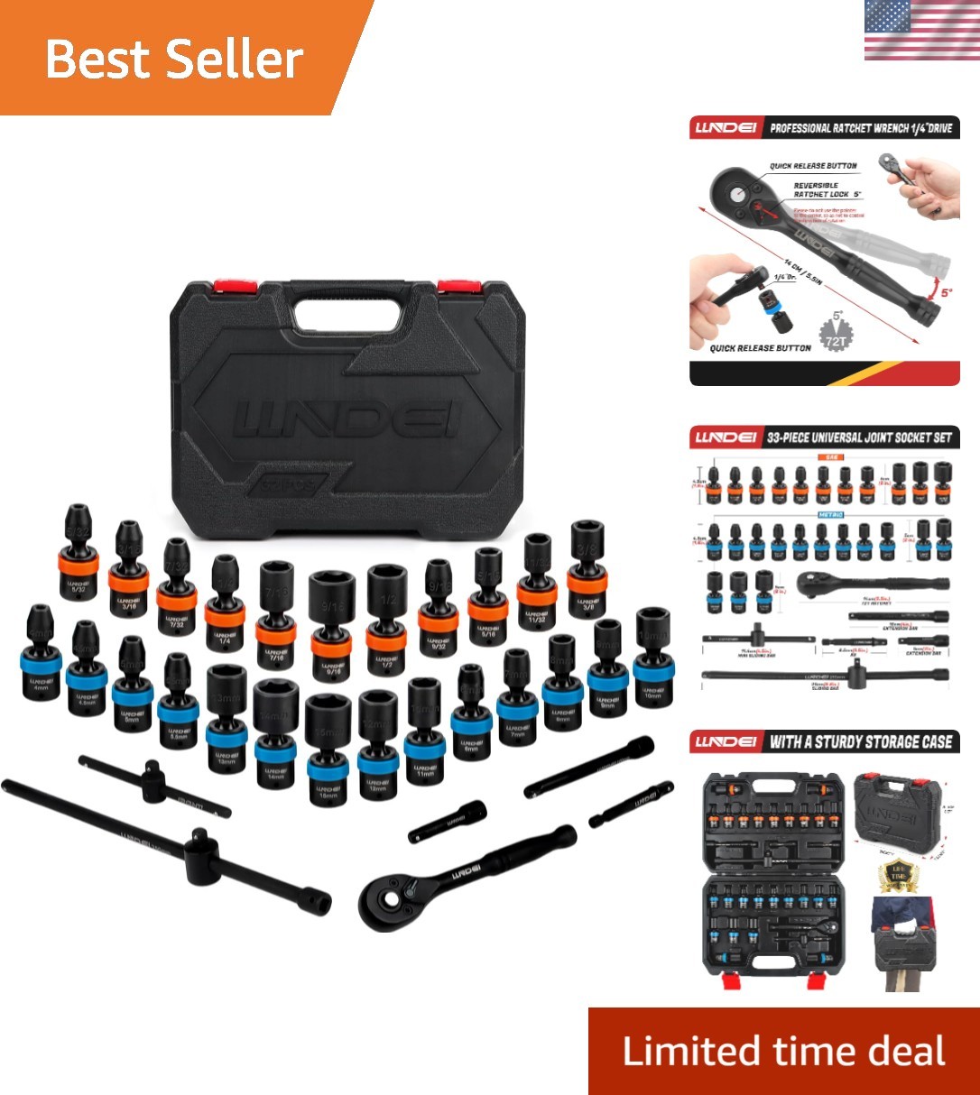 33-Piece 1/4-Inch Drive Swivel Socket Set – CR-MO Steel – Lifetime