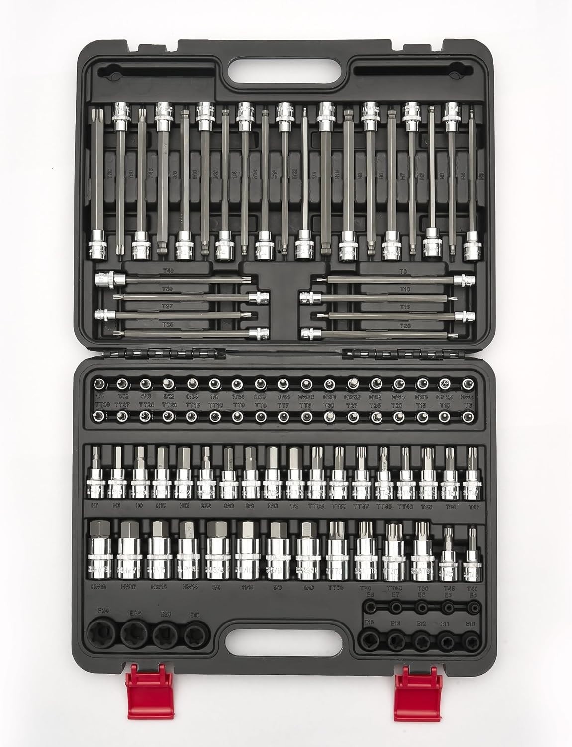 107-Piece Master Torx & Allen Bit Socket Set, S2 Steel, 1/4″ 3/8″ 1/2″ Drive, Lo