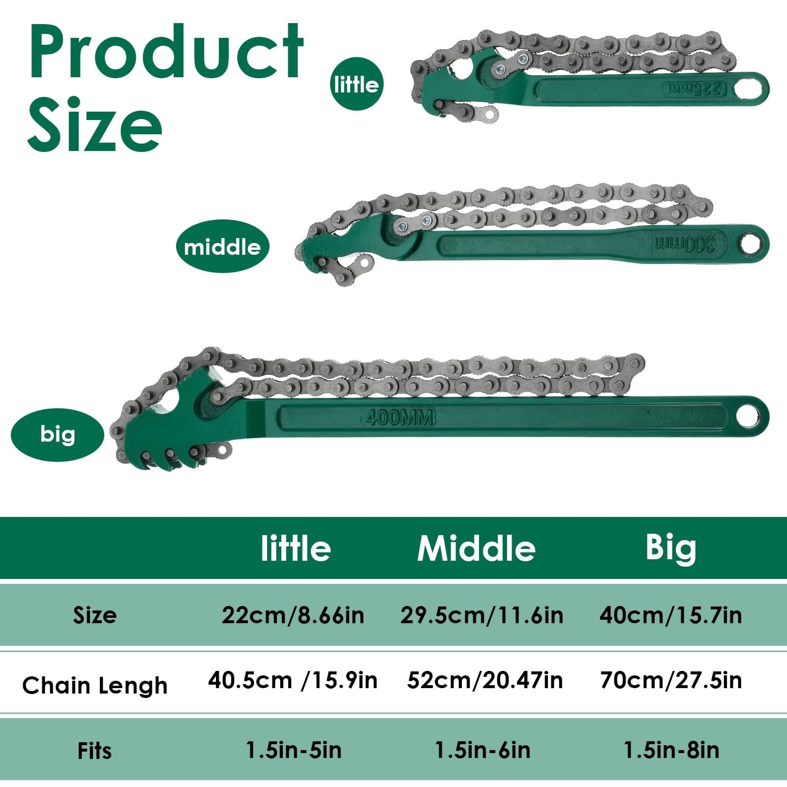 Heavy Duty Chain Wrench Set – 3 Pcs Adjustable Steel Oil Filter Tool for Pipes &