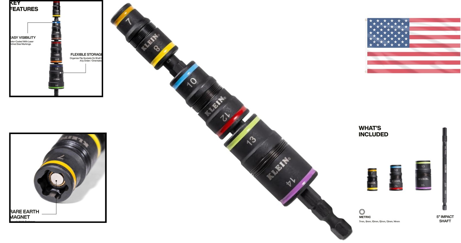 Versatile 6-in-1 Metric Impact Socket Set with Color-Coded Sizes, 5-Inch Shaft