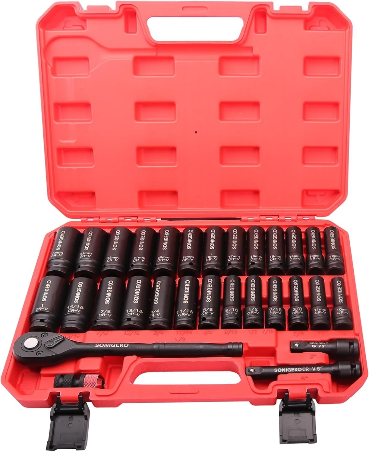 30Pc 1/2″ Drive Impact Socket Set Deep SAE Metric CR-V Extension Bar Ratchet Cas