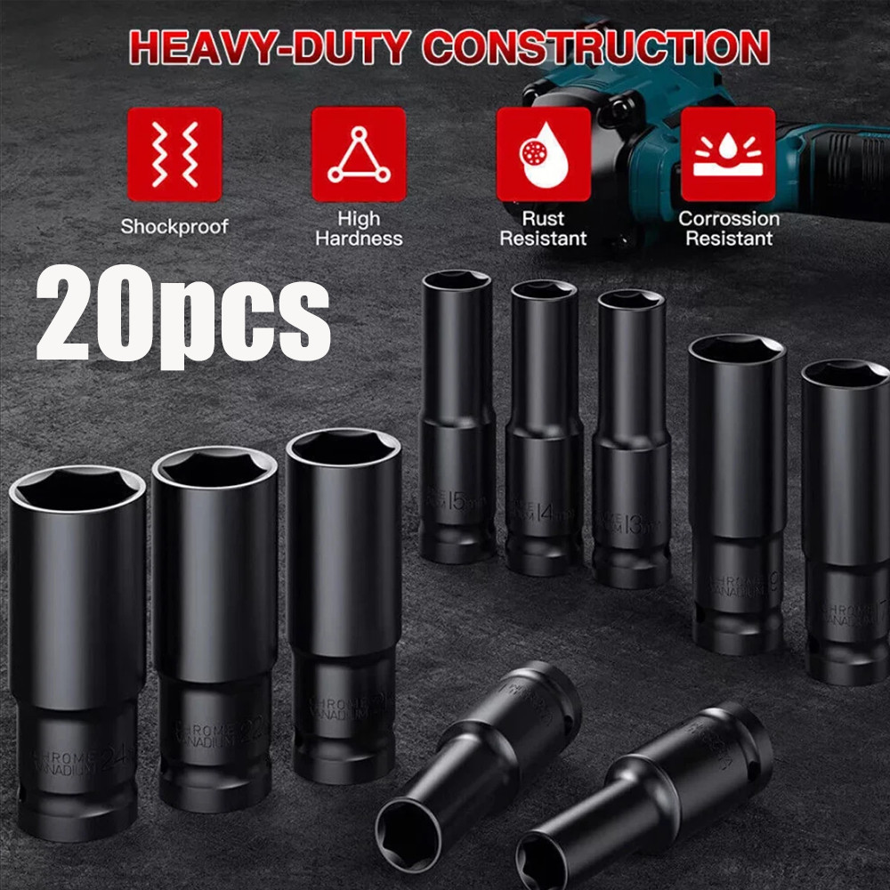 20PCS 1/2»Deep Impact Sockets Set Drive Metric 8mm-32mm Deep 6-Point Set w/case