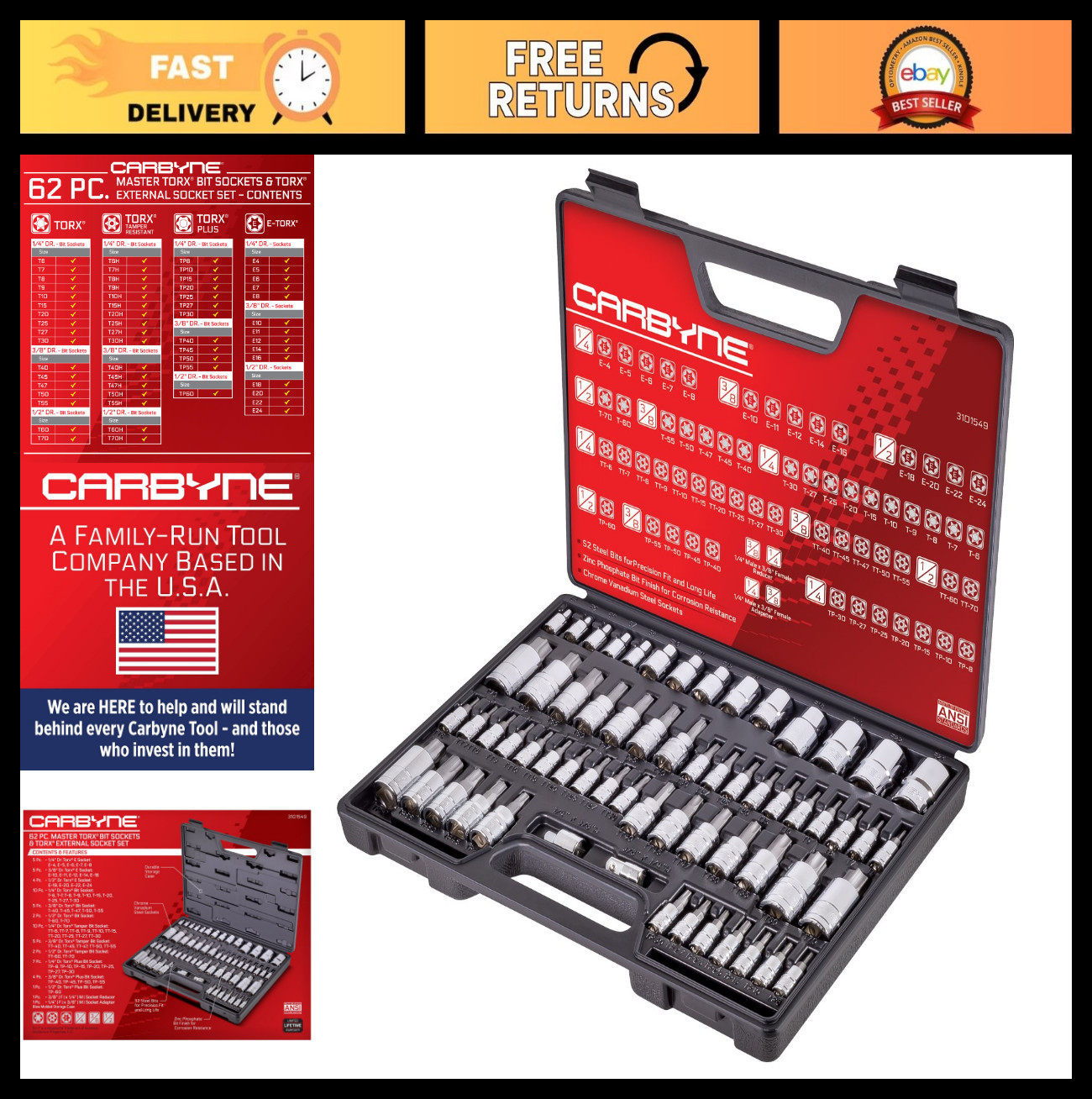 62-Piece Torx Bit Socket Set – S2 Steel, Tamper Resistant, T6-T70, E4-E24, 1/4-1