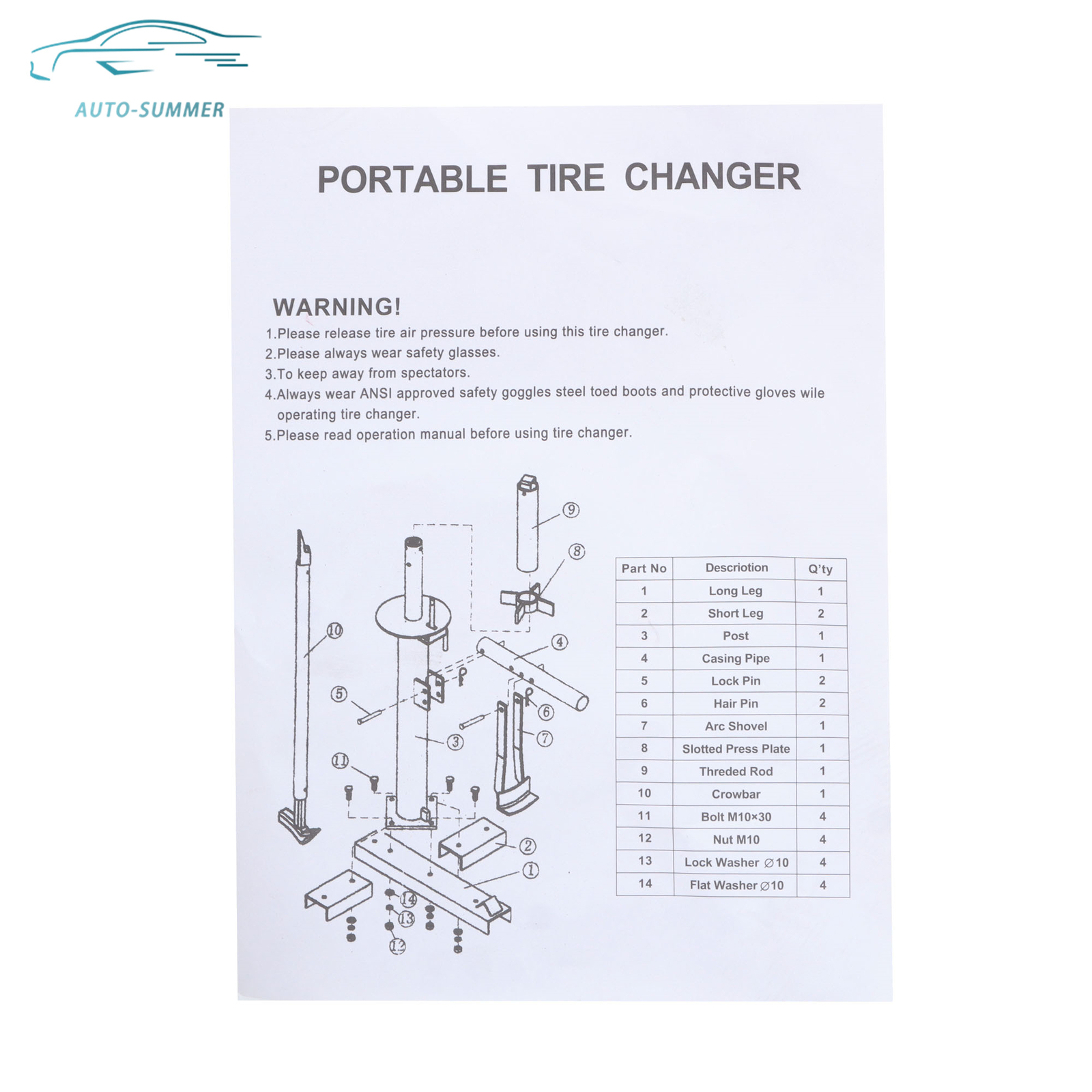 For Garage & Auto Shop Portable Hand Tool Tire Bead Breaker Manual Tire Changer