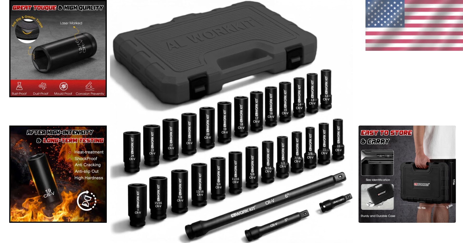 Durable Chrome Vanadium 29-Piece Impact Socket Set with Extension Bars