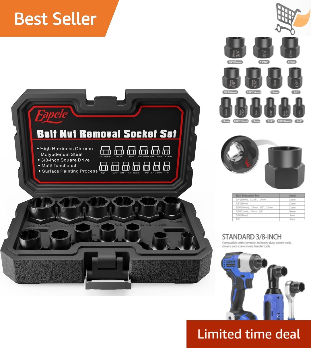 13pcs Bolt Extractor Set Stripped Nut Remover Twist Sockets for 3/8″ Drive
