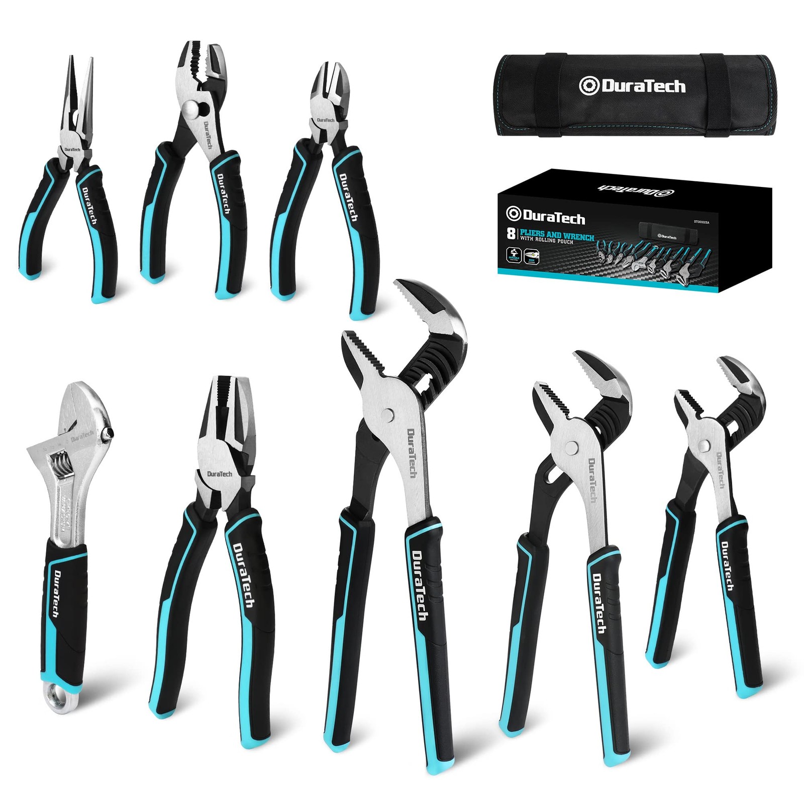 DURATECH 8-Piece Pliers Set with Rolling Pouch, 8-Piece, Blue, Silver, Black