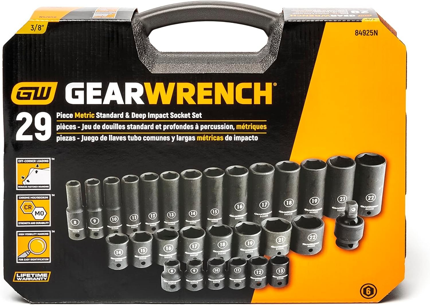 29 Pc. 3/8″ Drive 6 Pt. Impact Socket Set, Standard & Deep, Metric – 84925N