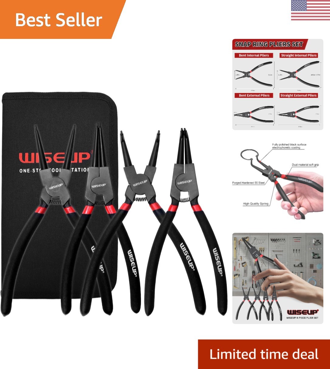 Professional 4PCS Snap Ring Pliers Set – Heavy Duty 9 Inch Carbon Steel Kit