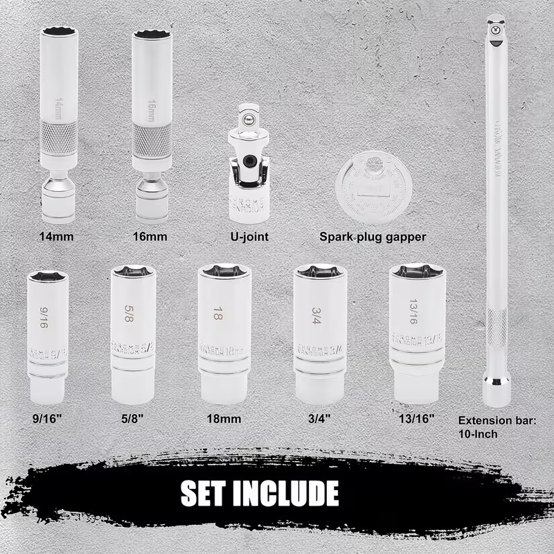Set of 10 Magnetic Spark Plug Sockets with a 3/8″ Drive, Including a 6″ Extensio