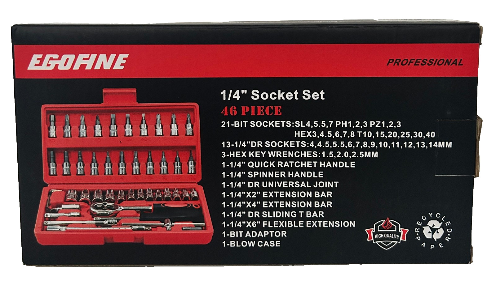 Egofine 46 Piece Socket Set, Hardly Used, In Red Plastic Carrying Case, Preowned