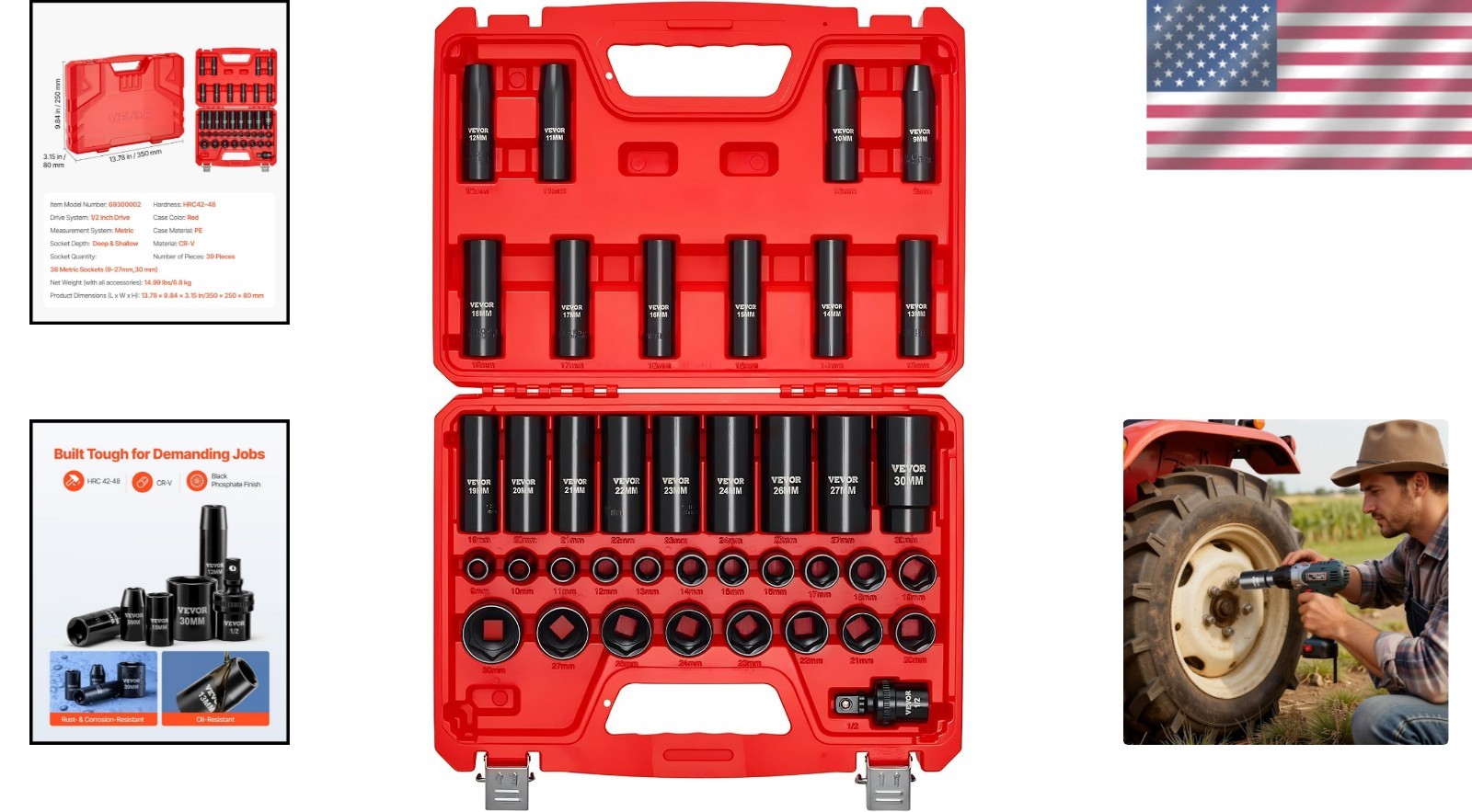 39 Piece Impact Socket Set 1/2 inch Drive Metric 9-30 mm Deep Shallow CR-V