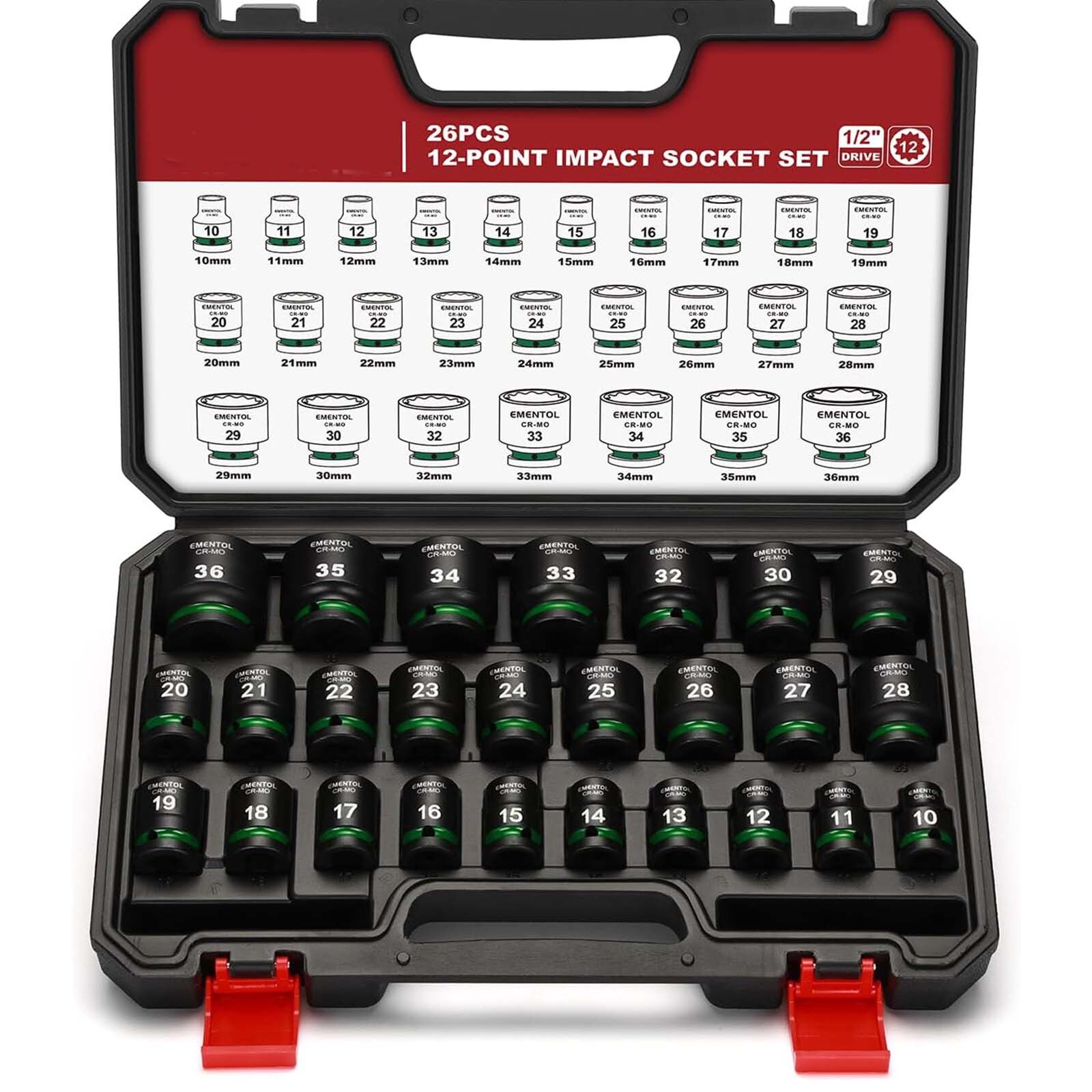 26 PCS 1/2″ Drive Standard Impact Socket Set 12 Point Metric 10mm-36mm CR-MO