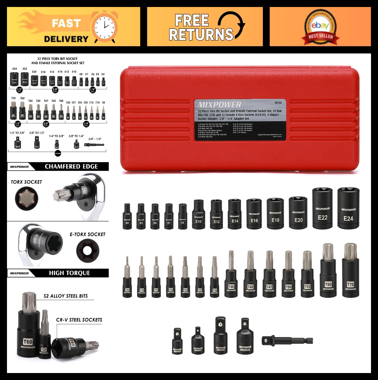 32PCS Torx Bit Socket Set – 14 Star Bits (T8-T70) & 13 E-Torx Sockets (E4-E24)