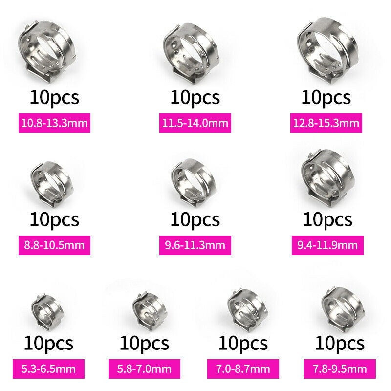 100PCS Hose Clamp Assorted Stainless Steel Ear Cinch Rings Crimp Pinch Plier Set