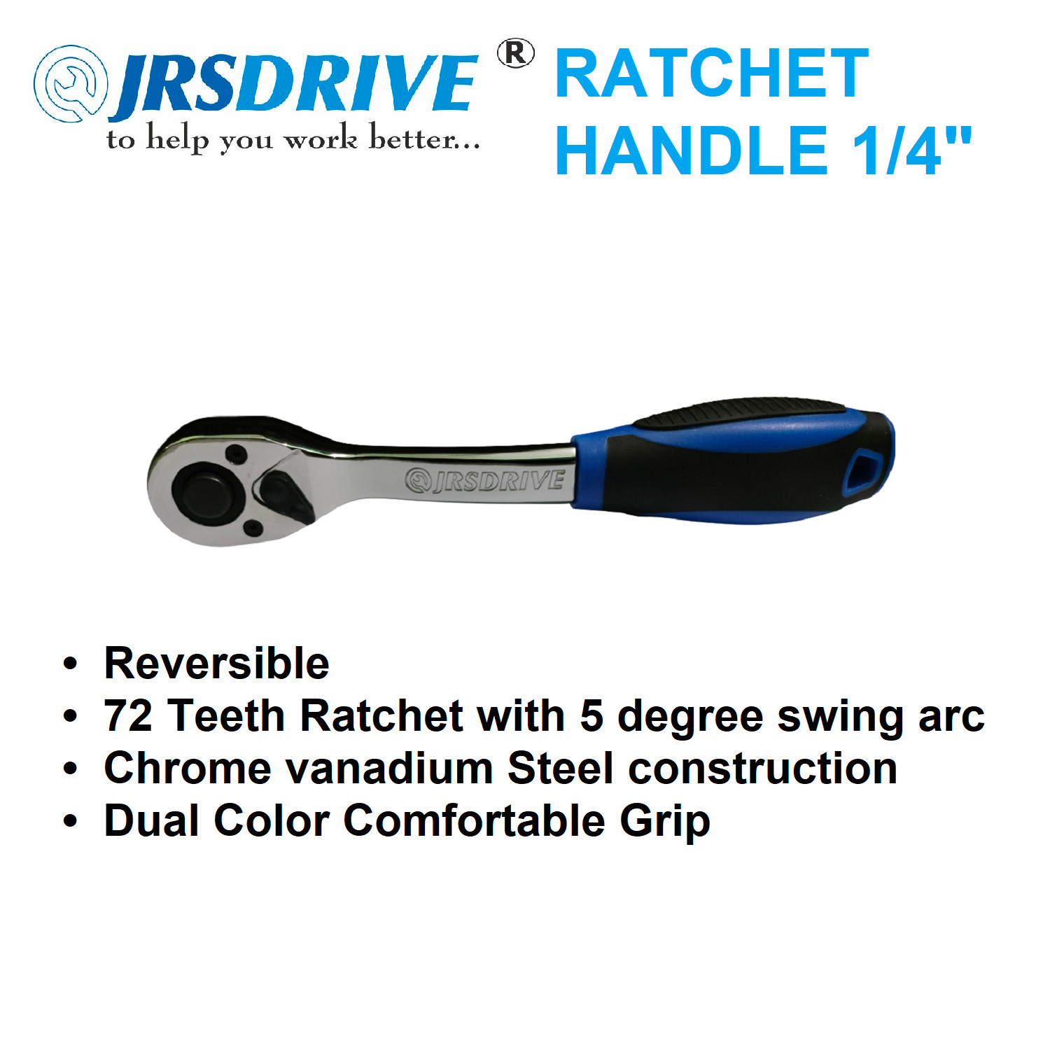 Jrsdrive Ratchet Handle 1/4″, Reversible 72 Teeth CRV, Dual Color Grip E-2203E