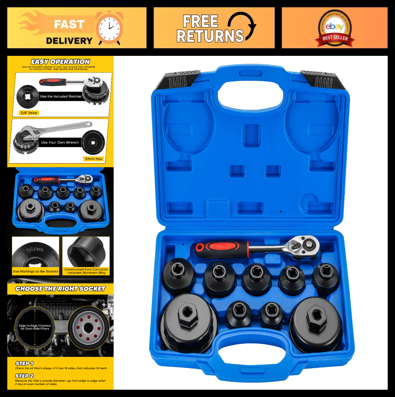10PCS Metric Oil Filter Wrench Set | 3/8″ Drive Cap Removal Tool Kit for Toyota,