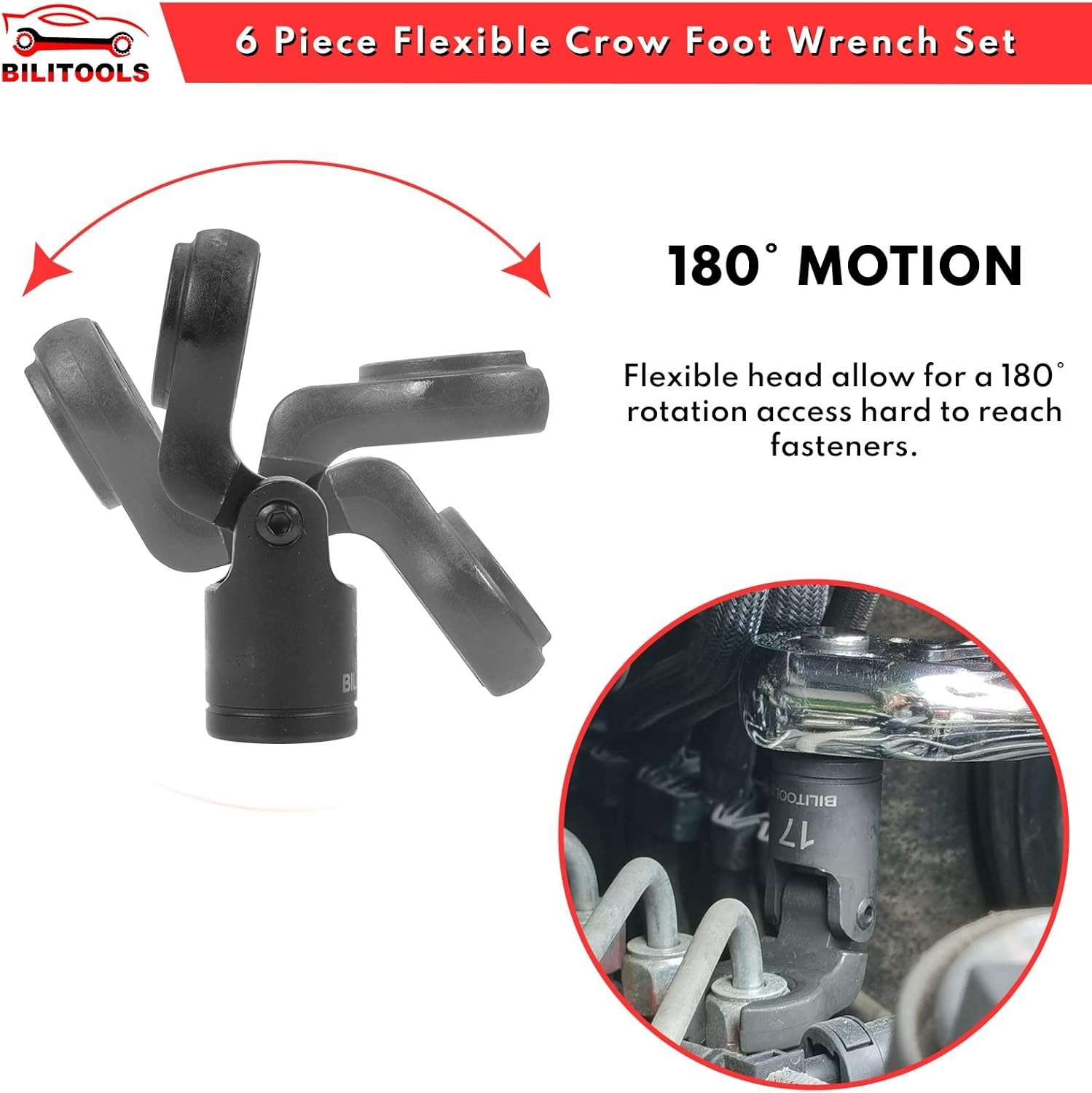 BILITOOLS Flex Head Crows Foot Line Wrench Set, 3/8″ & 1/2″ Drive Flex Flare Nut
