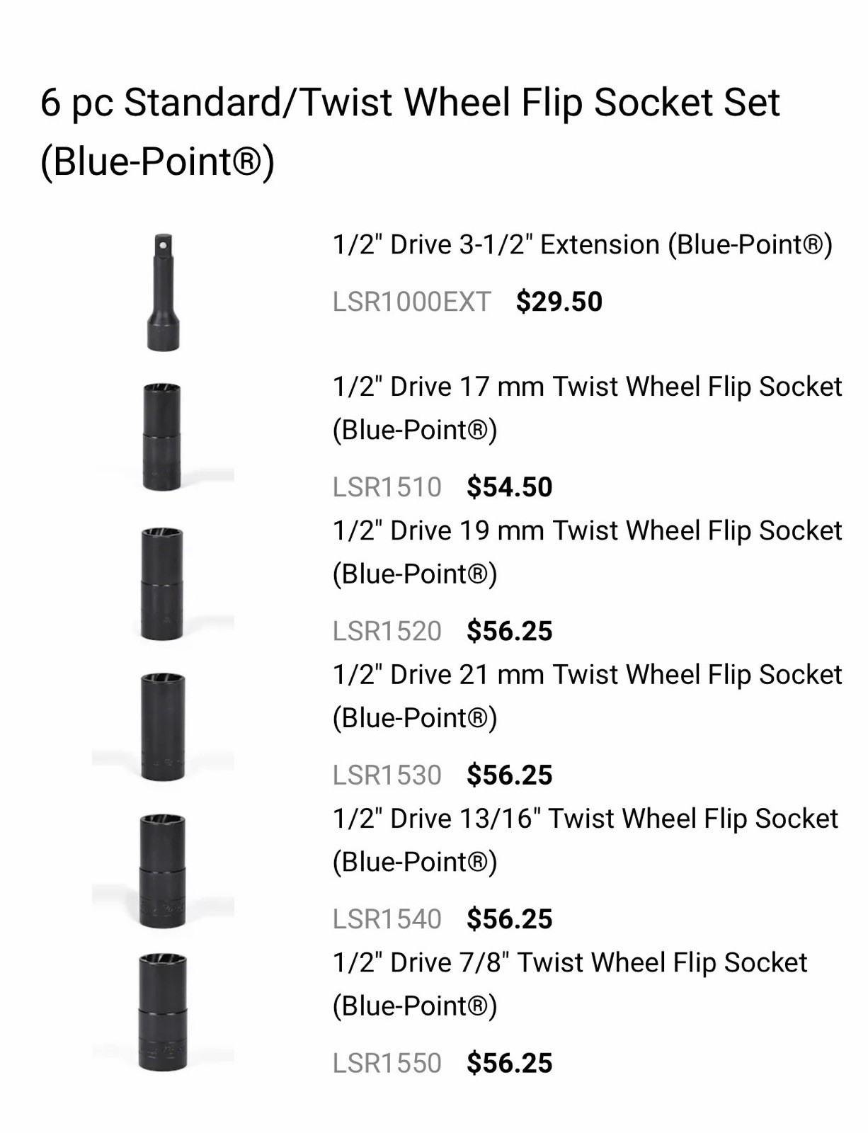 Blue Point 6 Piece Wheel Flip Socket Set LSR1500 Lug & Twist Sockets 1/2″ Drive