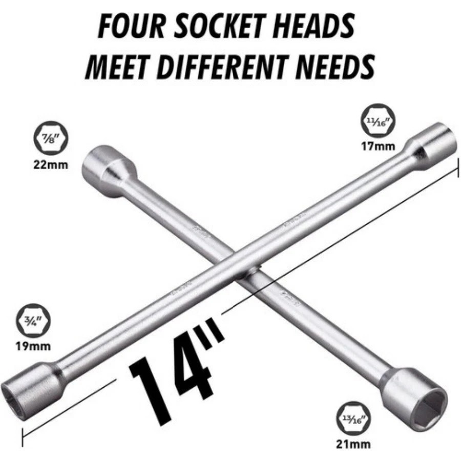 Heavy Duty 14-Inch Universal 4-Way Tire Iron Wheel Lug Nut Wrench Tool Silver