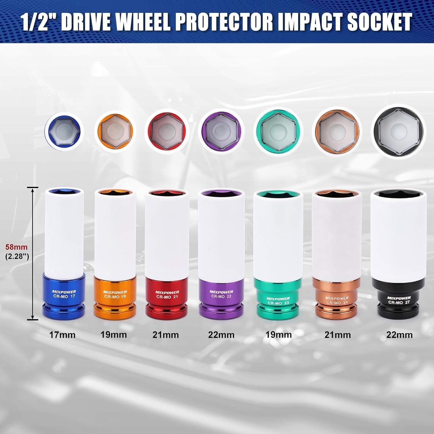 7-Piece Thin Wall Impact Socket Set with Color-Coded Metric Sizes 17mm to 27mm