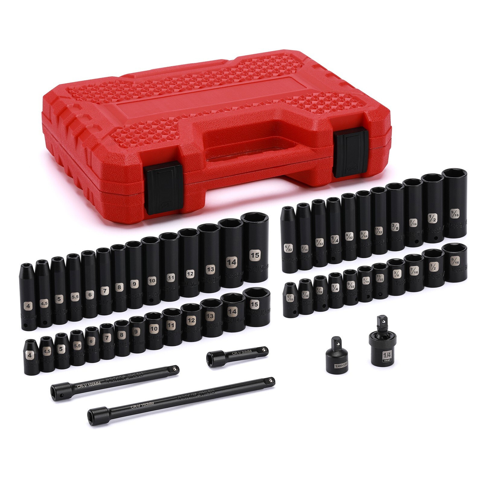 55PCS 1/4″ Drive Deep and Shallow Impact Socket Set, CR-V, SAE & Metric, 6 point