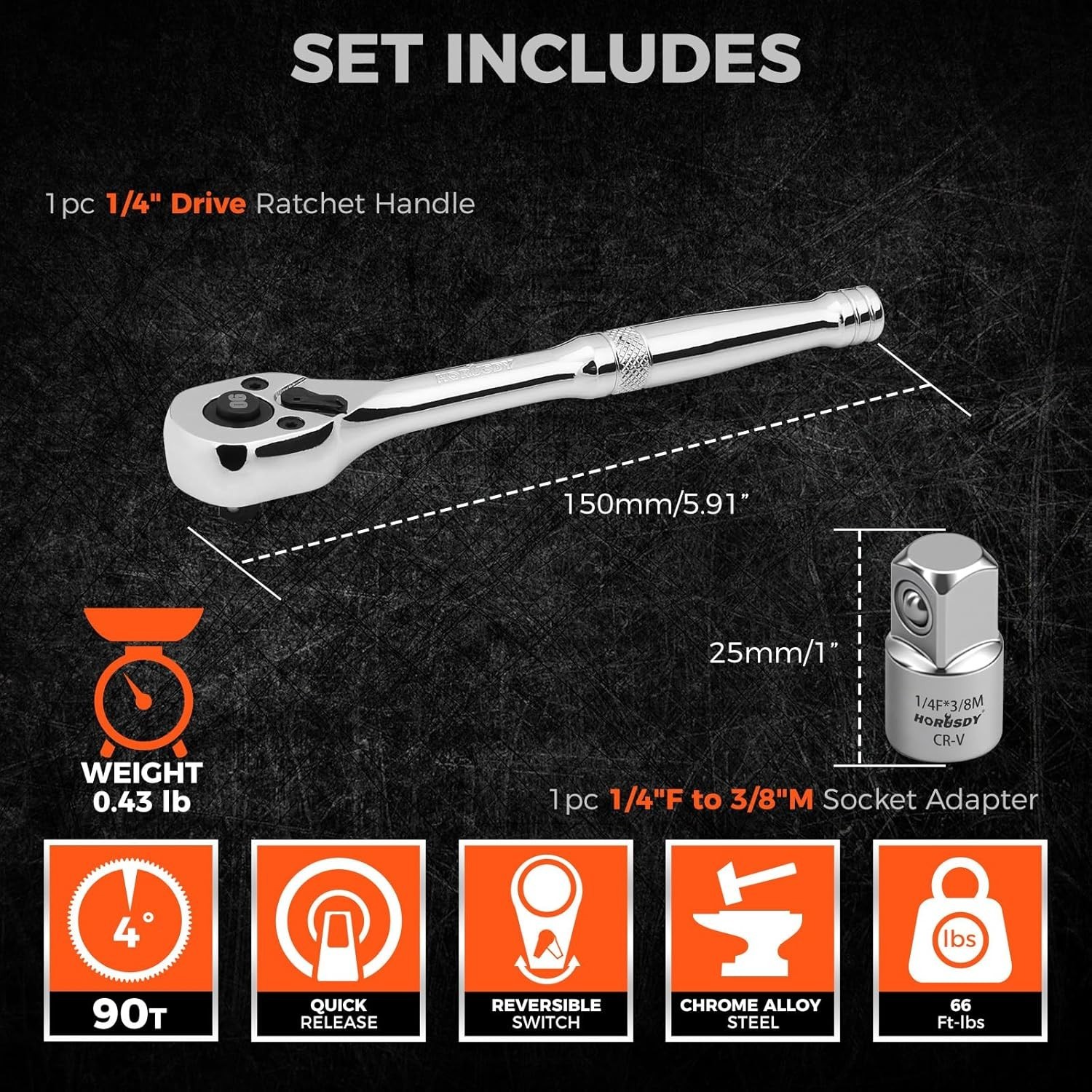 1/4″ Drive 90-Tooth Quick-Release Ratchet Handle with 1/4″ to 3/8″ Adapter, R…