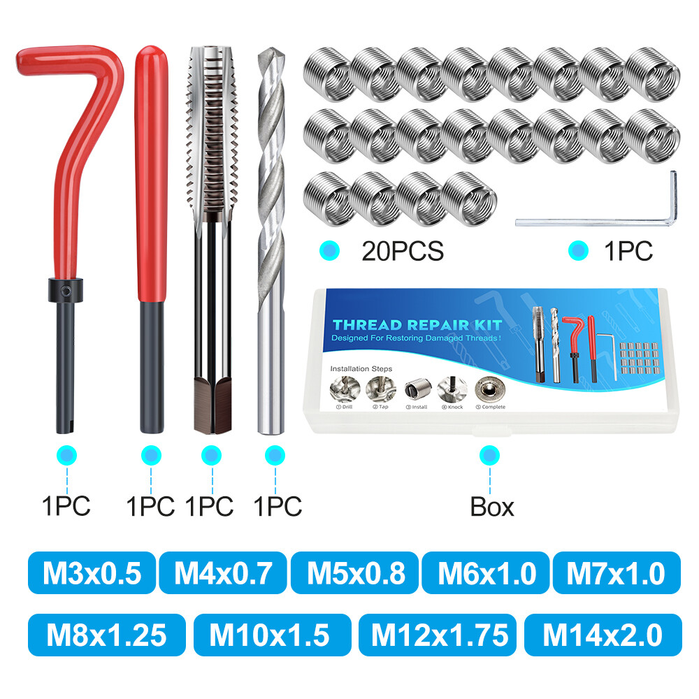 25PCS Thread Repair Kit Metric Drill M3 M6 M8 M12 Wire Insert Car Pro Coil Tool