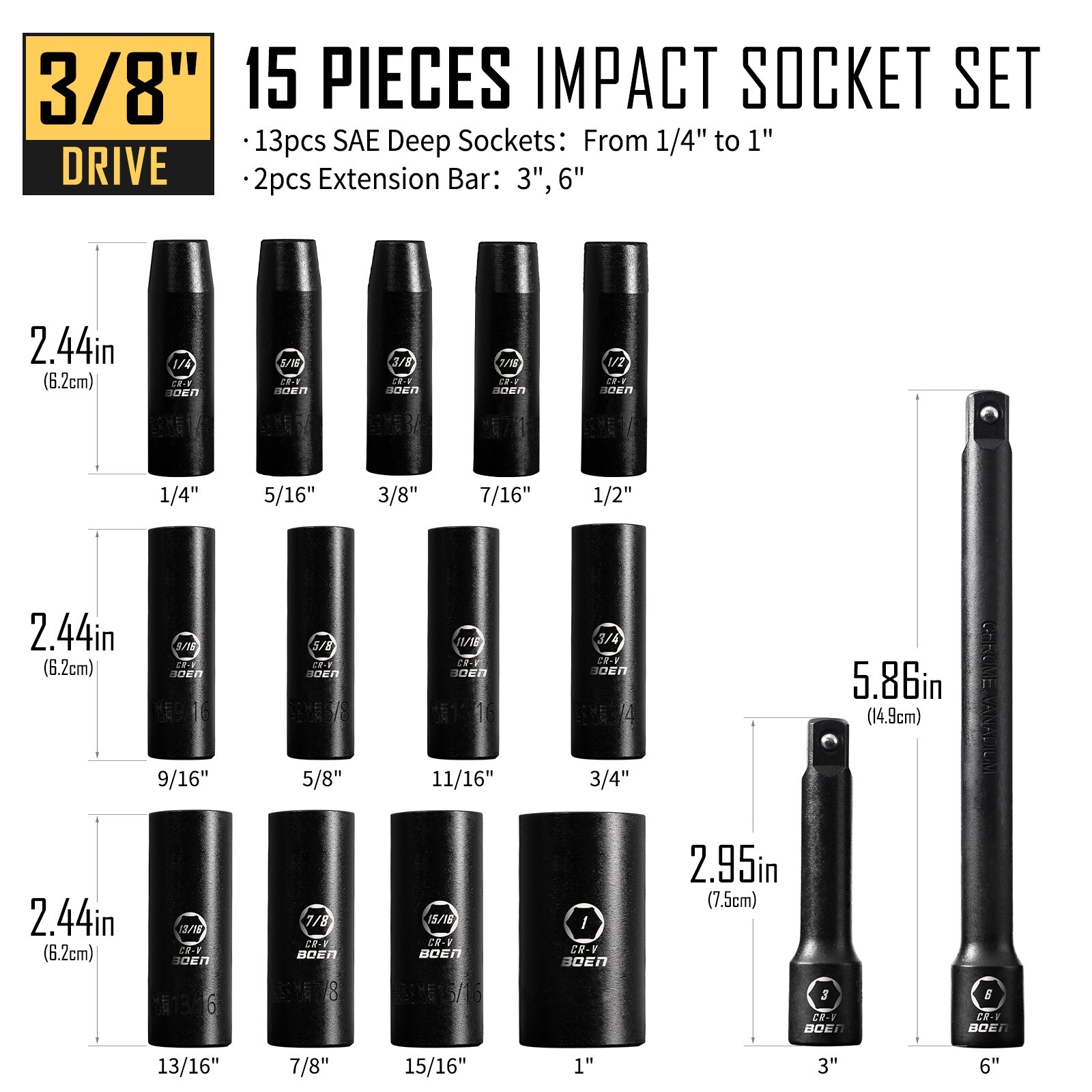 Boen 35 Pieces Impact Socket Set, 1/2 Inch Drive & 3/8 Inch Drive SAE & Metric