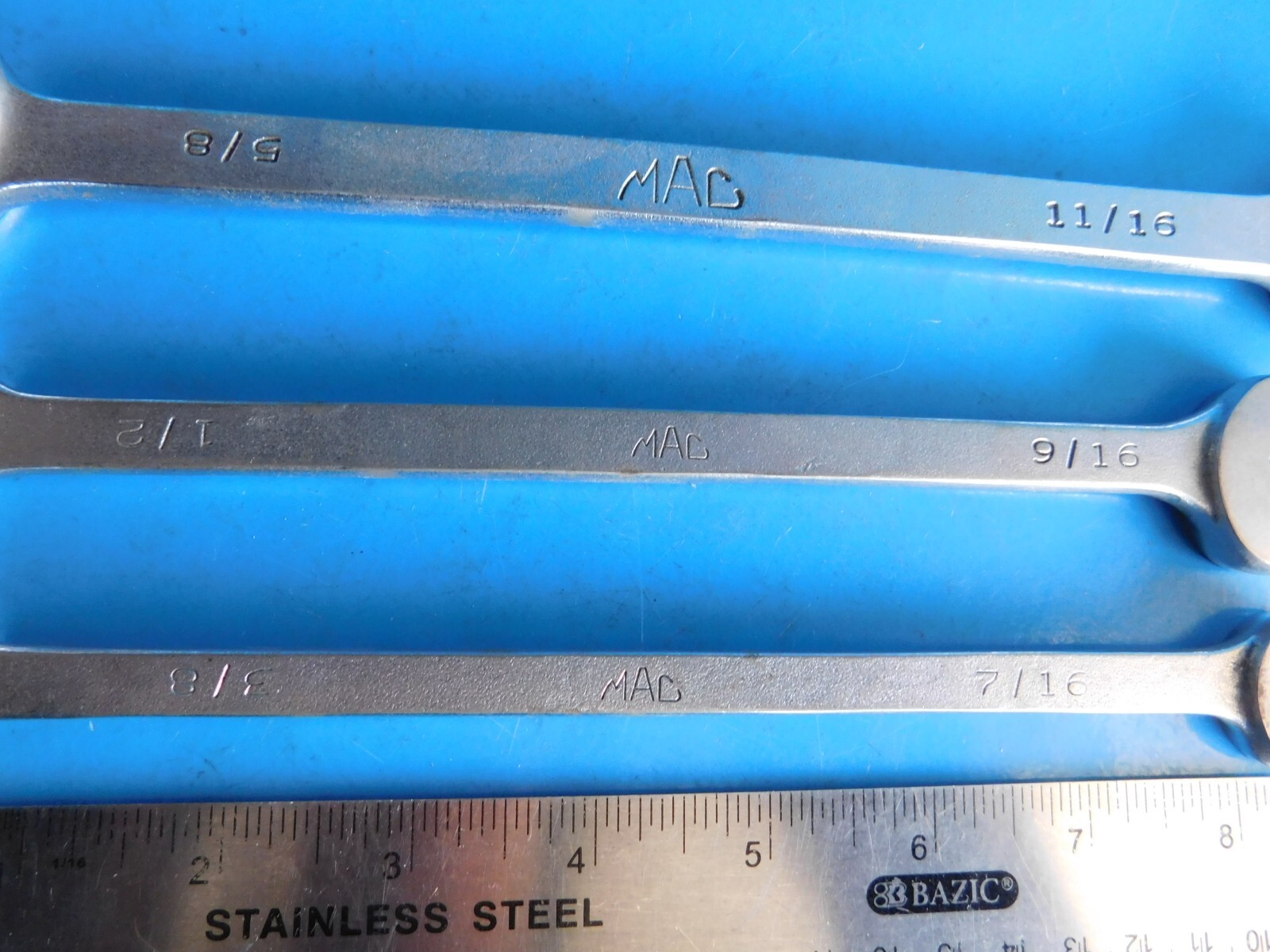 USED, MAC TOOLS «DBL OPEN END WRENCHS» 3/8X7/16,1/2X9/16,5/8X11/16 IN. LOT OF 3